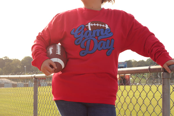 Game Day Chenille Red Sweatshirt ( royal blue letters)