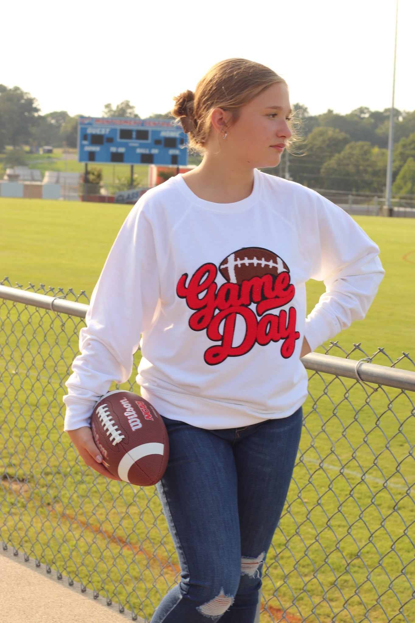 Game Day Chenille White Sweatshirt ( red letters )