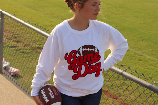 Game Day Chenille White Sweatshirt ( red letters )