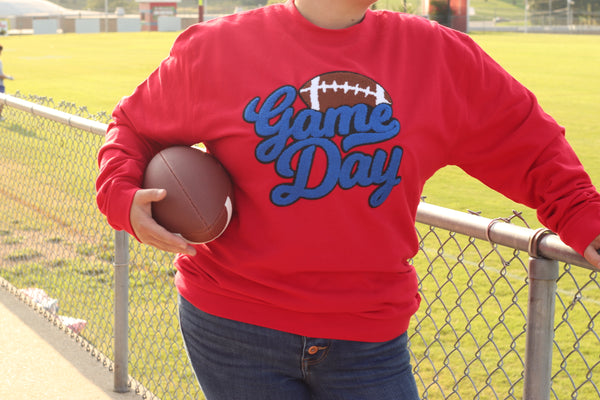 Game Day Chenille Red Sweatshirt ( royal blue letters)